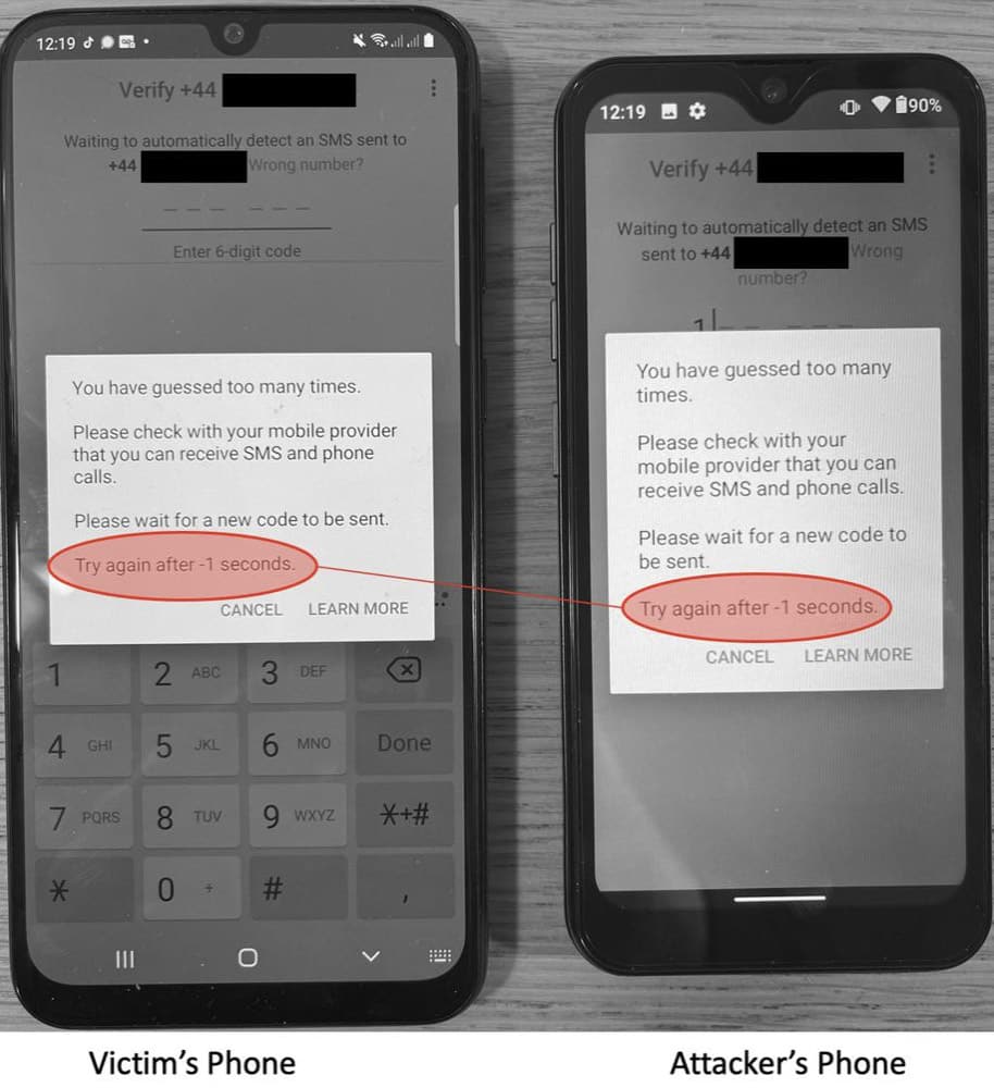 Deux téléphones montrent le compte à rebours de WhatsApp sur le système d'authentification à double facteur.
