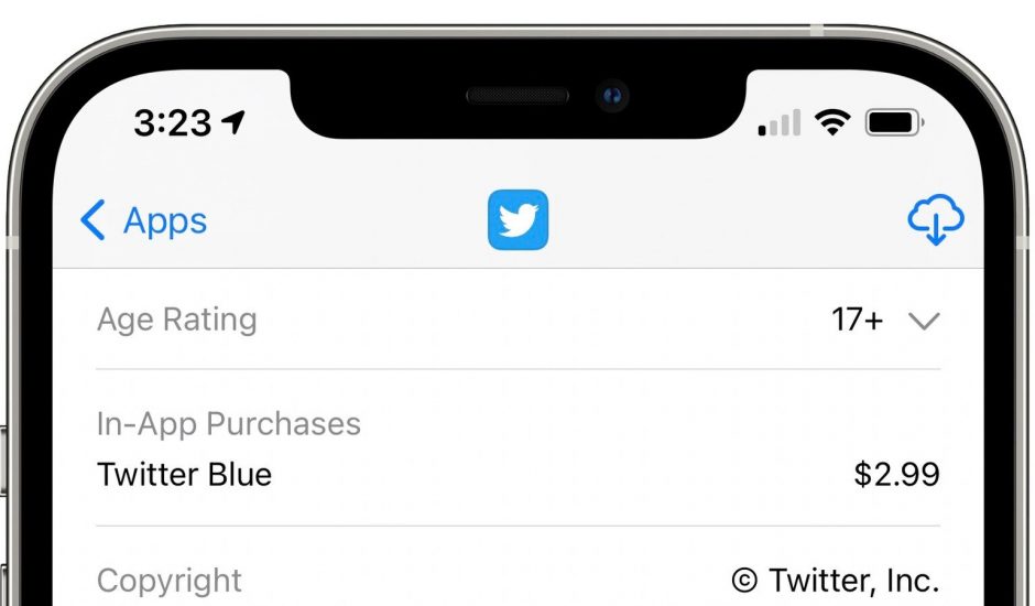 capture d'écran de la mention de twitter blue dans l'app store