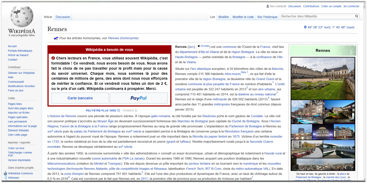 Capture d'écran d'un message de relance de don Wikipédia