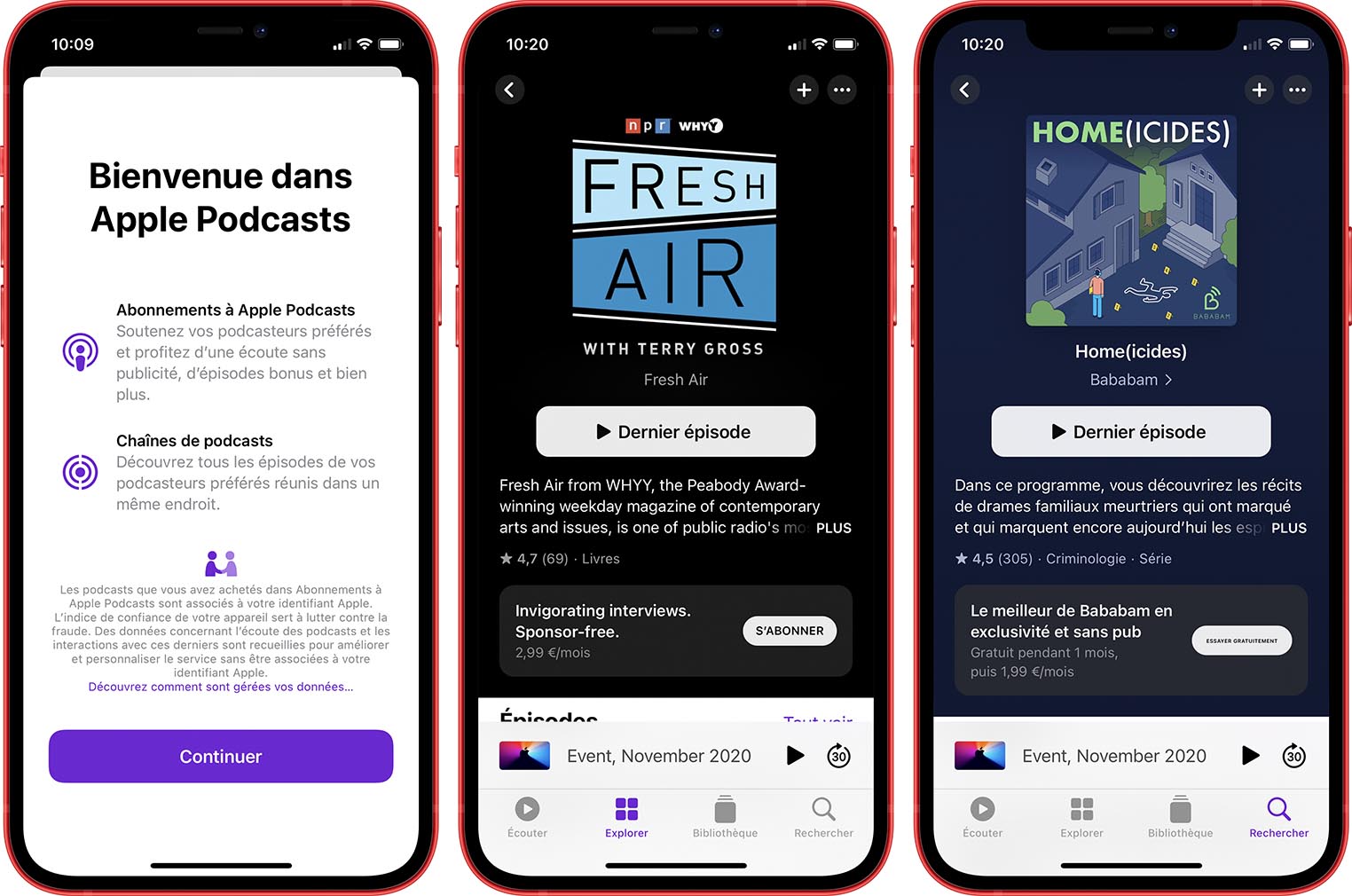 interface des abonnements payants d'Apple Podcasts