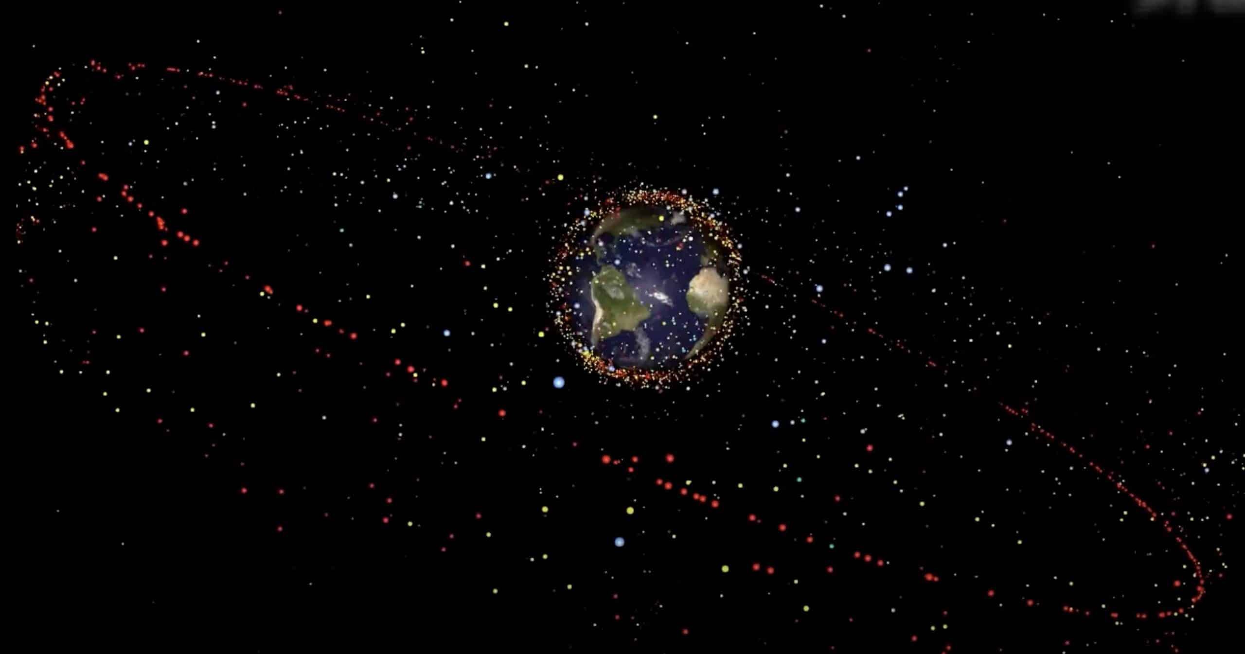 Représentation des débris spatiaux flottant autour de la Terre.