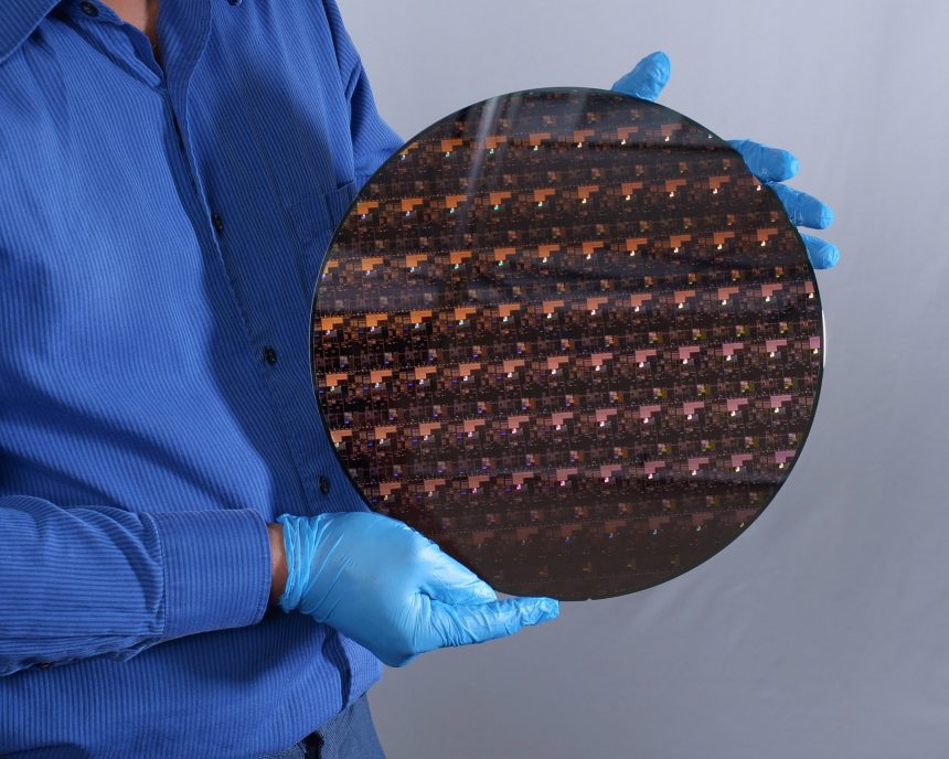 Photographie d'une tranche de silicium contenant plusieurs microprocesseurs.