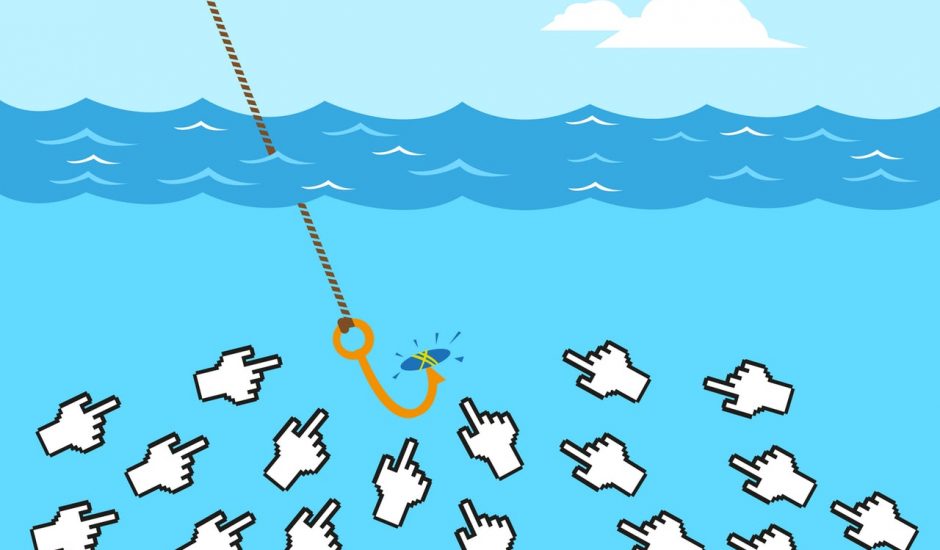 Image représentative du clickbait, avec des souris pointant vers un hameçon.