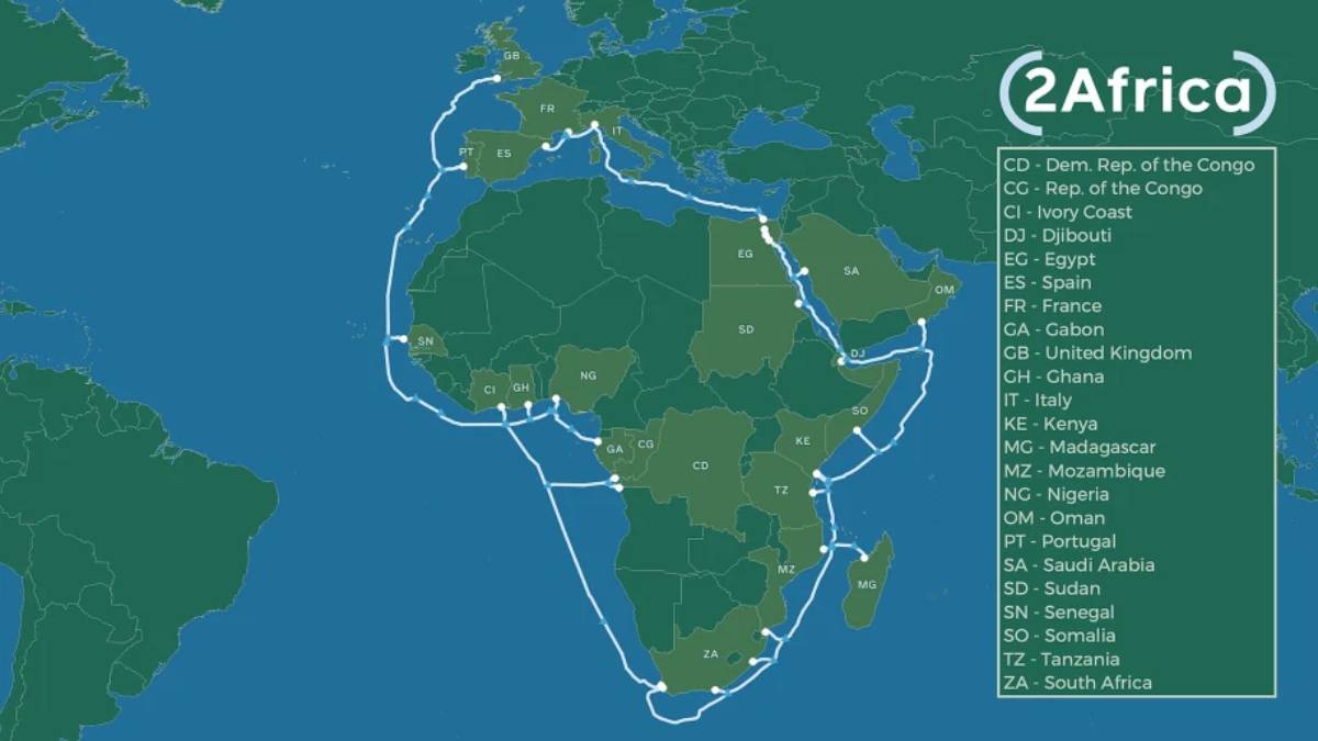 Schéma de l'installation du câble 2Africa autour de l'Afrique.