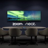 Les logos de Zoom et Neat sous deux écrans dans une salle de réunion