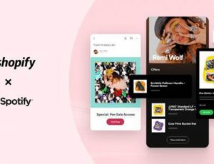 Image du partenariat entre Shopify et Spotify permettant à un artiste de vendre son merchandising directement depuis l'application Spotify.