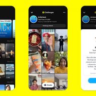 Vue de la fonctionnalité Challenges de Snapchat sur 3 écrans de téléphone portable.