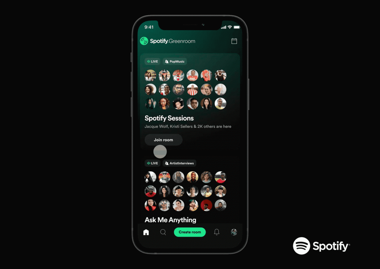 Gif montrant le fonctionnement de Greenroom, le nouveau service de discussions audio de Spotify