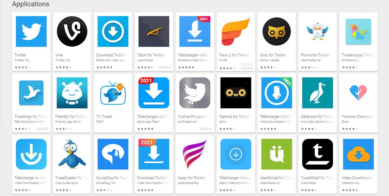 Différentes applications sur le Google Play Store, proposant un accès à Twitter