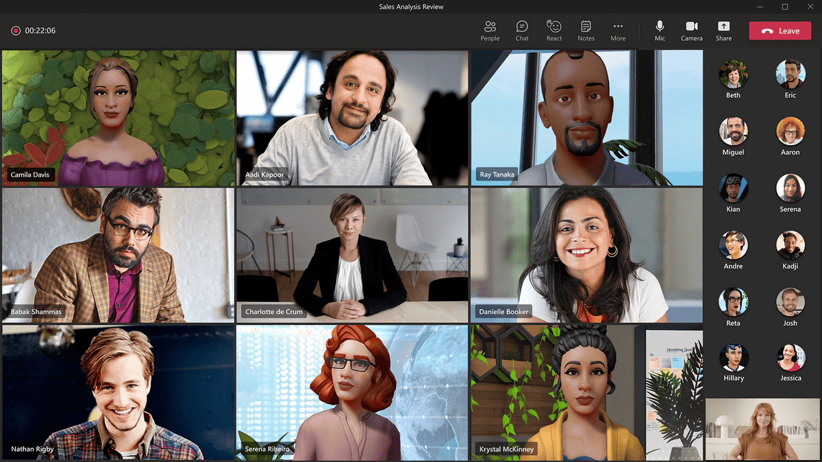 Une réunion animée par des participants à la webcam et des avatars en 2D au sein de Mesh for Microsoft Teams.