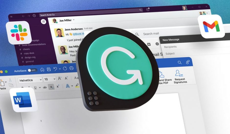 Le logo de Grammarly devant une photos des logiciels Word, Slack et Gmail.