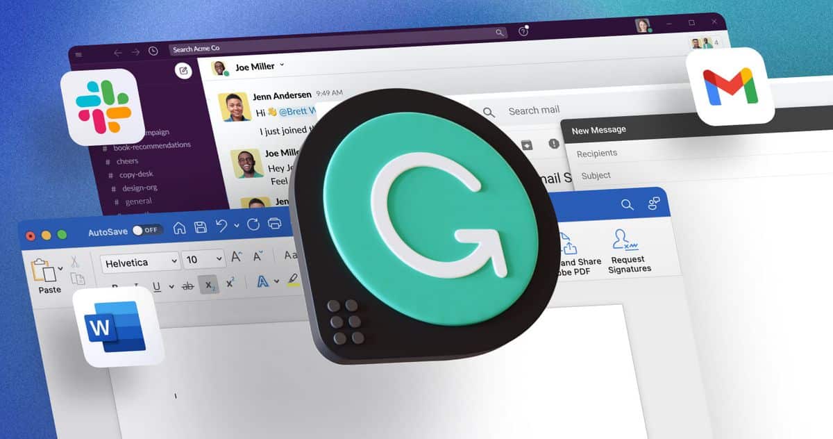 Le logo de Grammarly devant une photos des logiciels Word, Slack et Gmail.