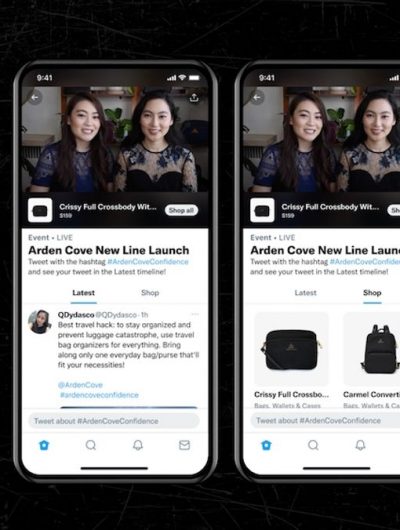 Interface de la nouvelle fonctionnalité de Twitter dédiée au live shopping. Le lancement aura lieu le 28 novembre 2021.