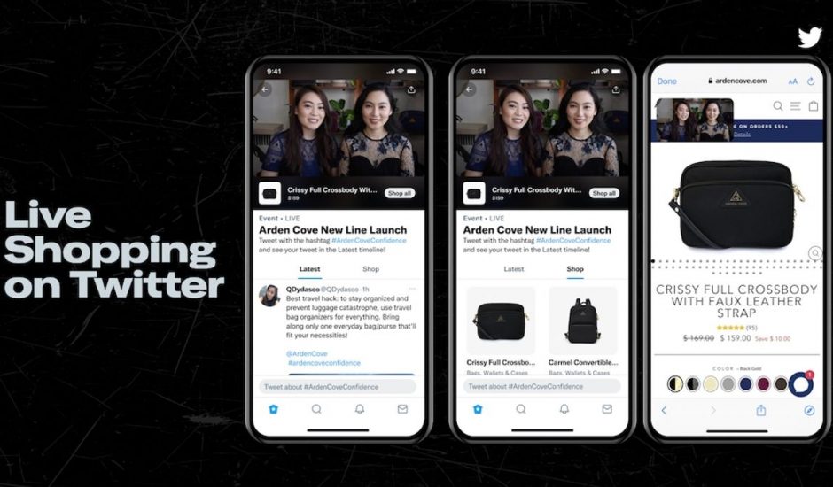 Interface de la nouvelle fonctionnalité de Twitter dédiée au live shopping. Le lancement aura lieu le 28 novembre 2021.