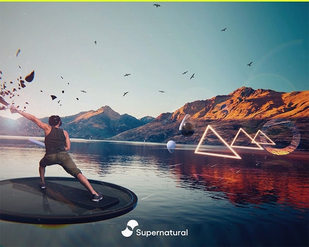 Image homme avec casque réalité virtuelle sur fond montagne et lac