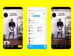 3 écrans de téléphone présentant la fonctionnalité Spotlight de Snapchat