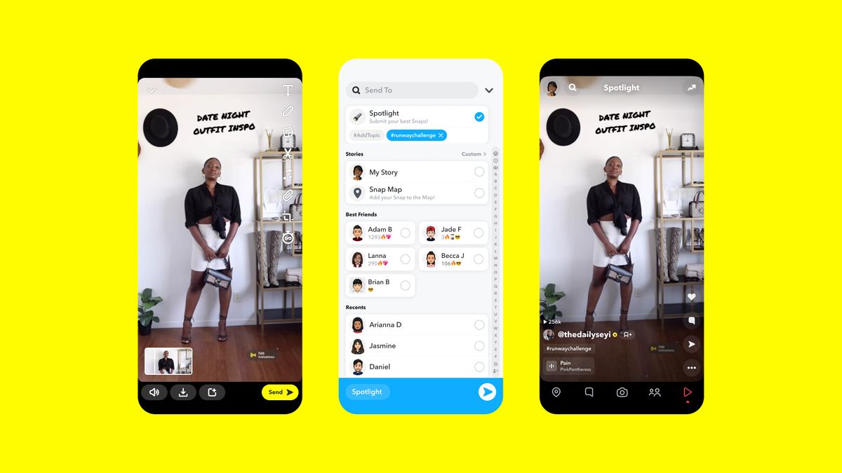3 écrans de téléphone présentant la fonctionnalité Spotlight de Snapchat