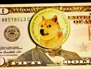 Une pièce Dogecoin sur un billet de cinquante dollars.