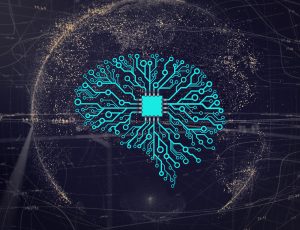 Un processeur qui prend la forme d'une silhouette de cerveau pour représenter une IA.