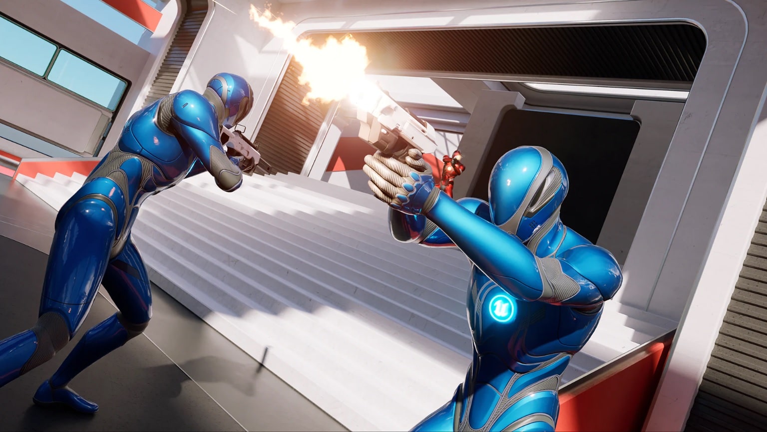 Deux personnages du jeu Lyra tirent au pistolet.