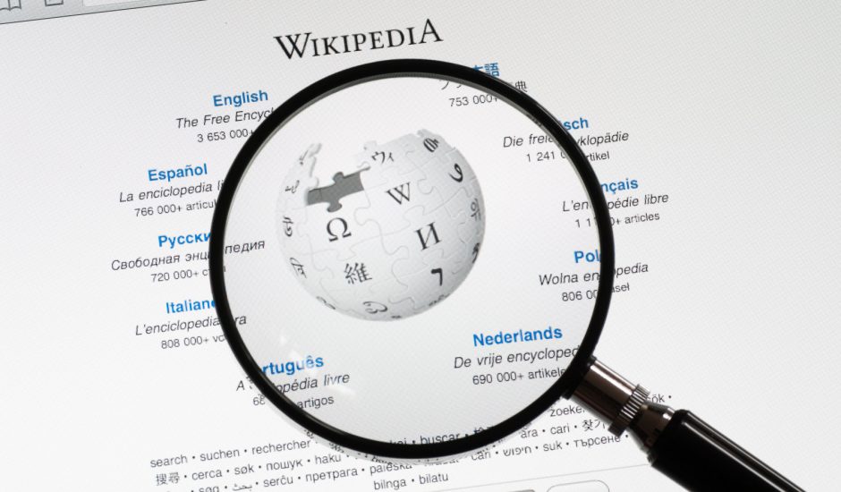 Loupe sur le logo de Wikipédia.