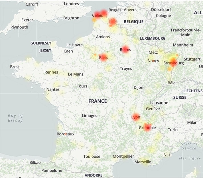Carte de France avec des points rouges