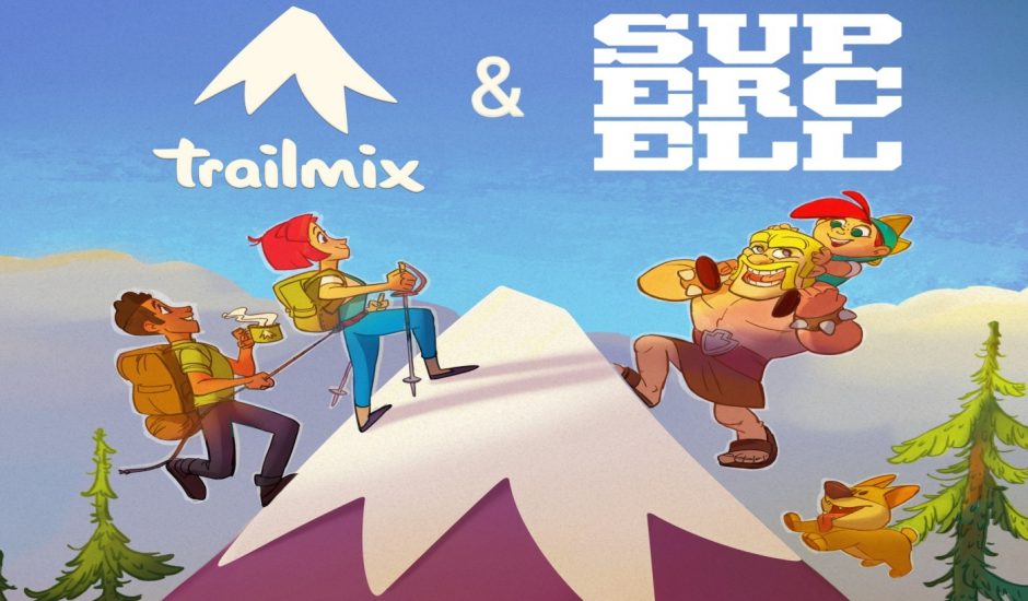 Personnages montant une montagne sous les logos de Trailmix et Supercell.
