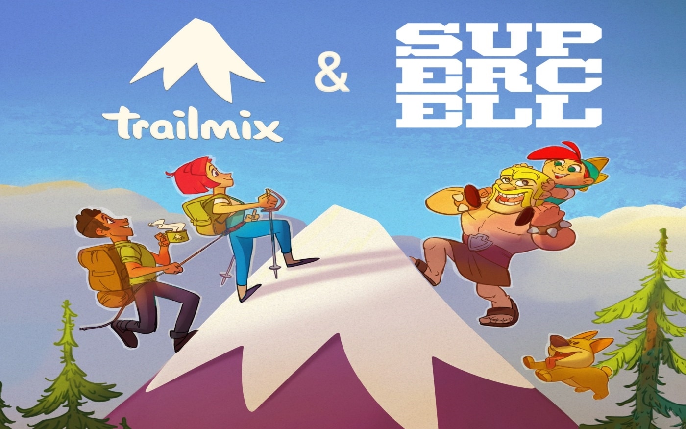 Personnages montant une montagne sous les logos de Trailmix et Supercell.