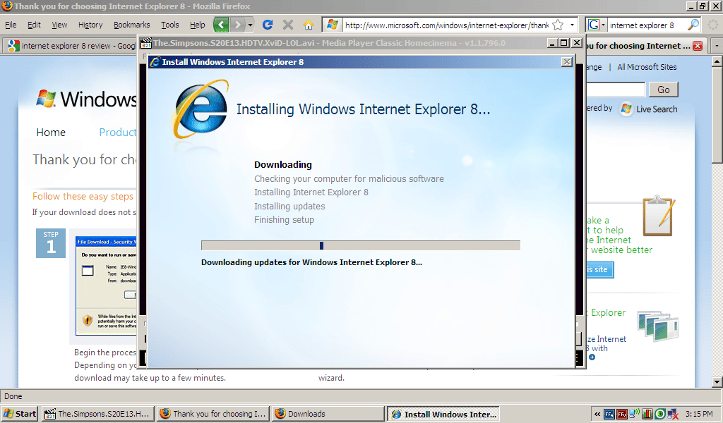 Tentative de téléchargement d'Internet Explorer 8.