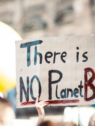 une personne tenant une pancarte "there is no planet b"