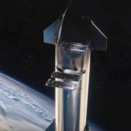 Image conceptuelle de Starship en train de déployer des satellites Starlink.