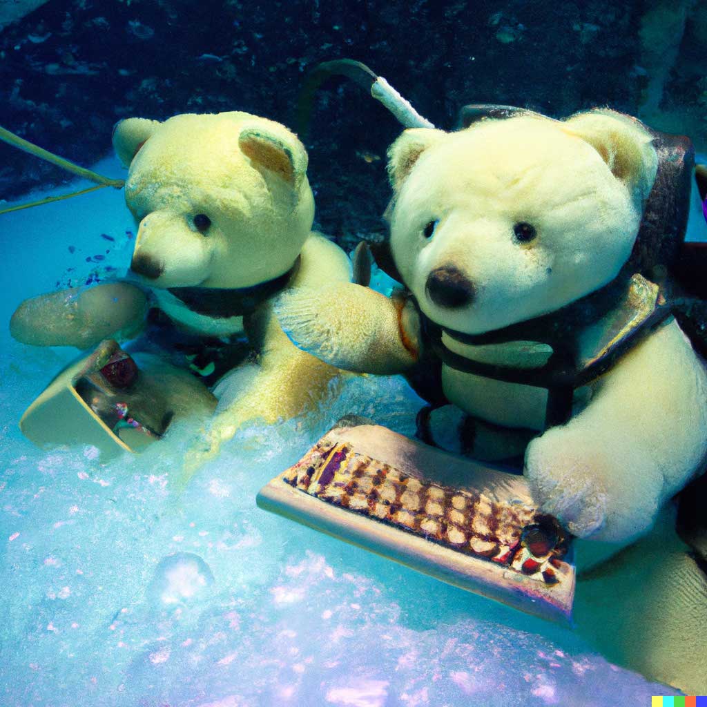 Deux ours en peluche sous l'eau travailant sur un ordinateur