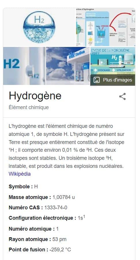 Informations de Google sur Hydrogène