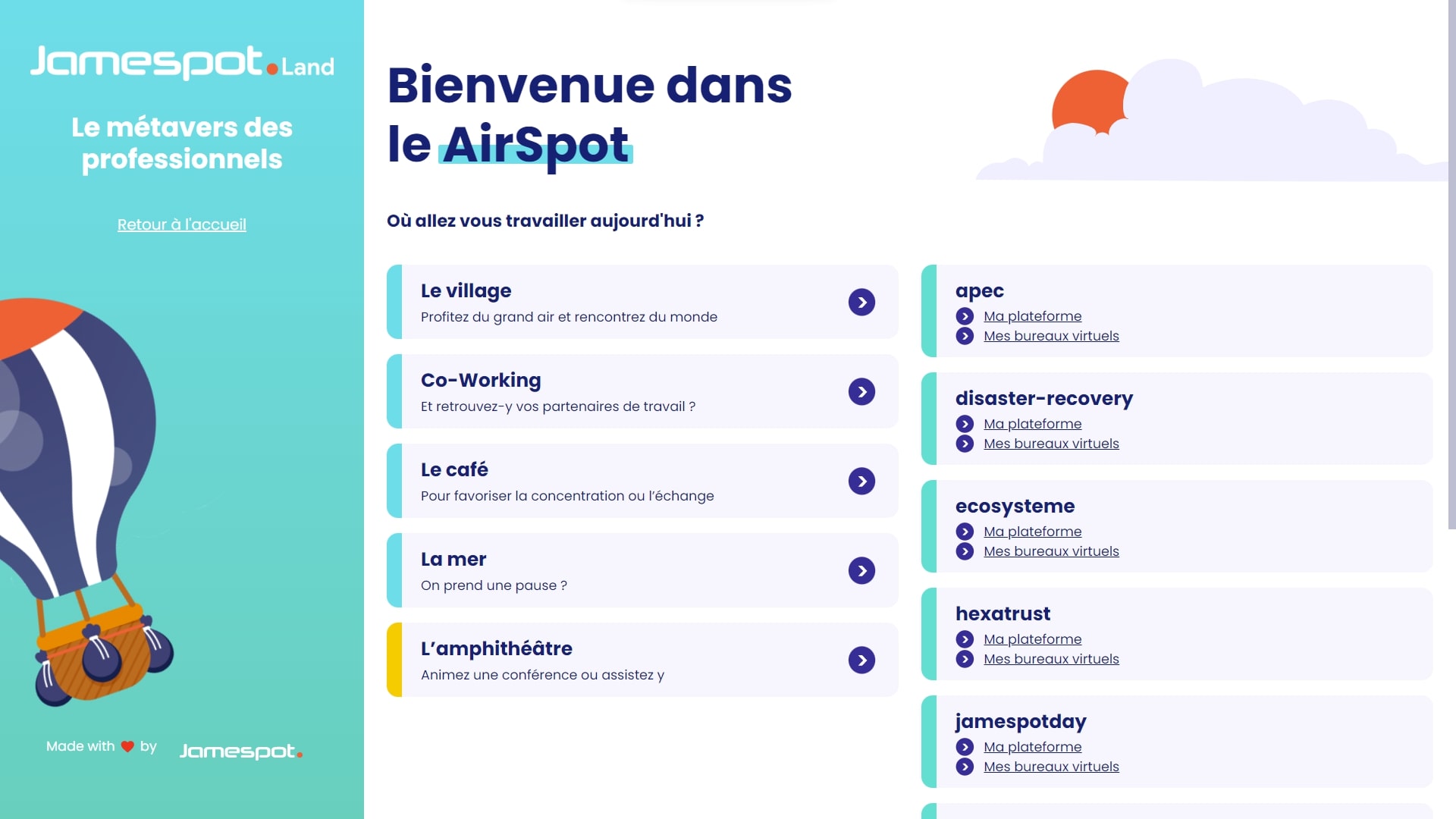 capture d'écran du menu AirSpot du métavers de Jamespot avec les différents endroits accessibles (coworking, village, café, mer, amphithéâtre)
