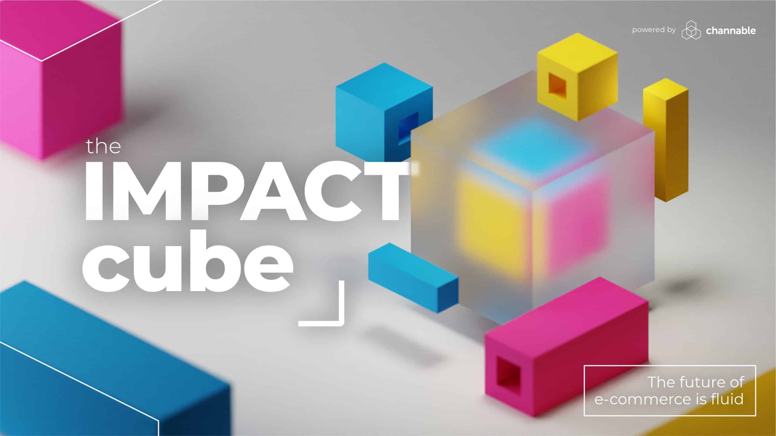 formes cubiques jaunes, bleues et roses avec l'inscription "impact cube"