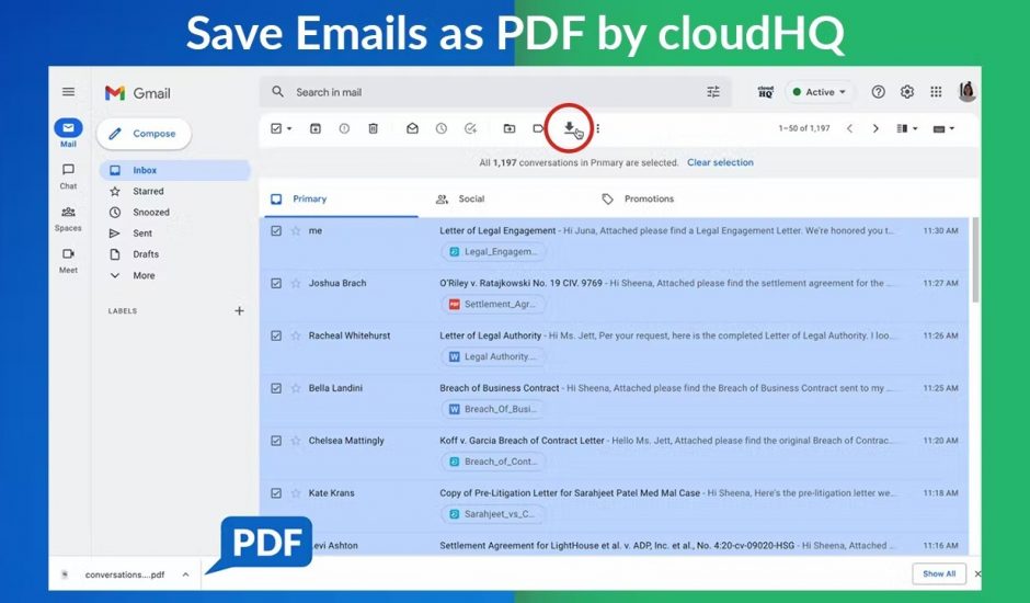 capture d'écran d'une boite gmail avec la fleche de l'extension de cloudhq entourée