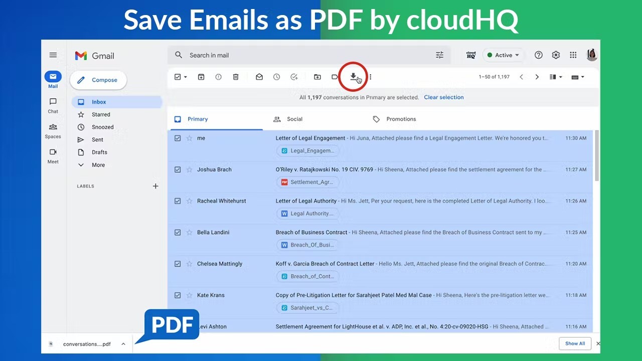 capture d'écran d'une boite gmail avec la fleche de l'extension de cloudhq entourée