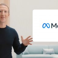 Mark Zuckerberg presenting the new name and logo of his company called Meta