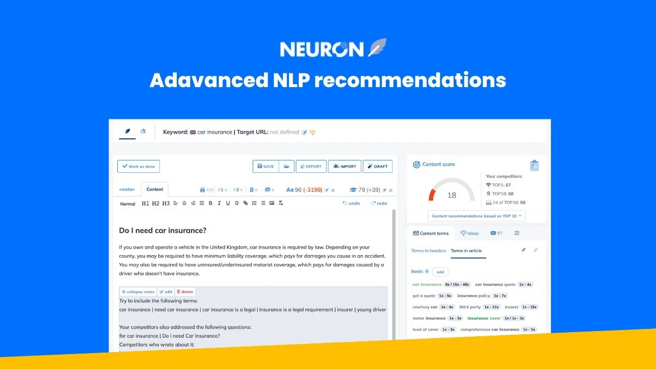 capture d'écran de l'outil de recommandation de neuron writer