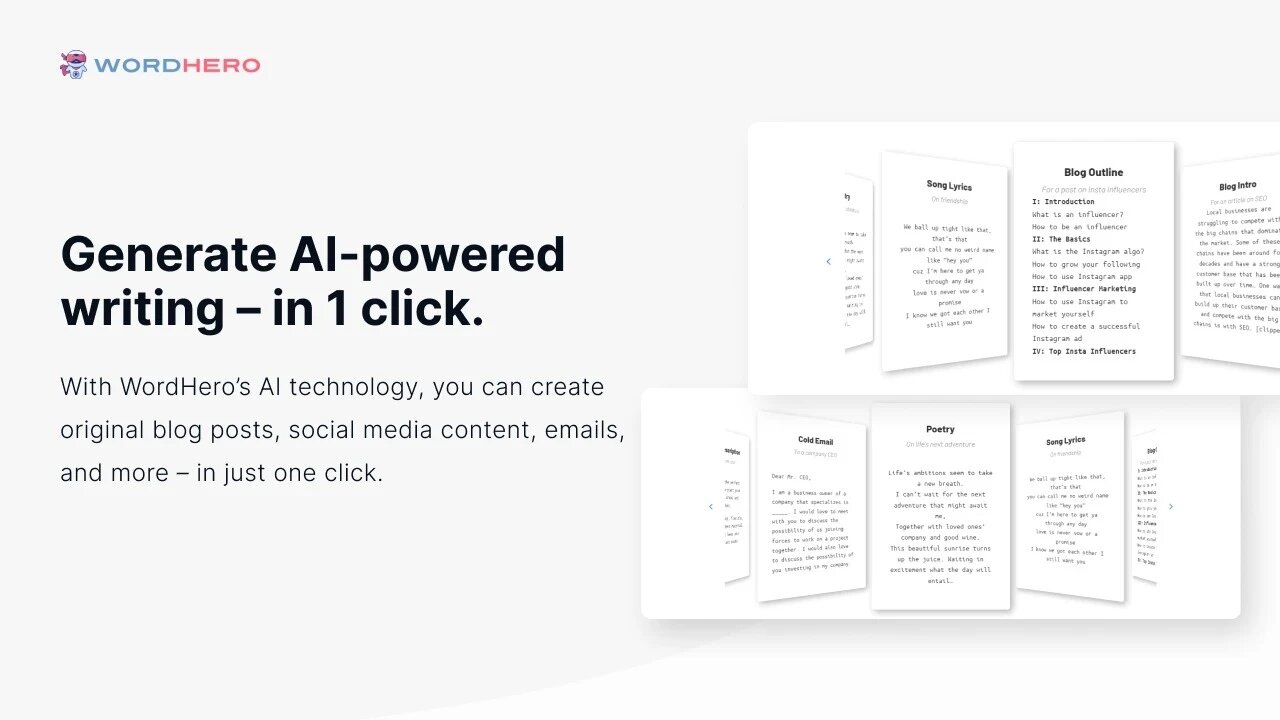 illustration de l'outil wordhero avec l'inscription "generate AI powered writing - in 1 click"
