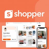 illustration shopper.com, fond orange et capture d'écran du profil utilisateur au premier plan