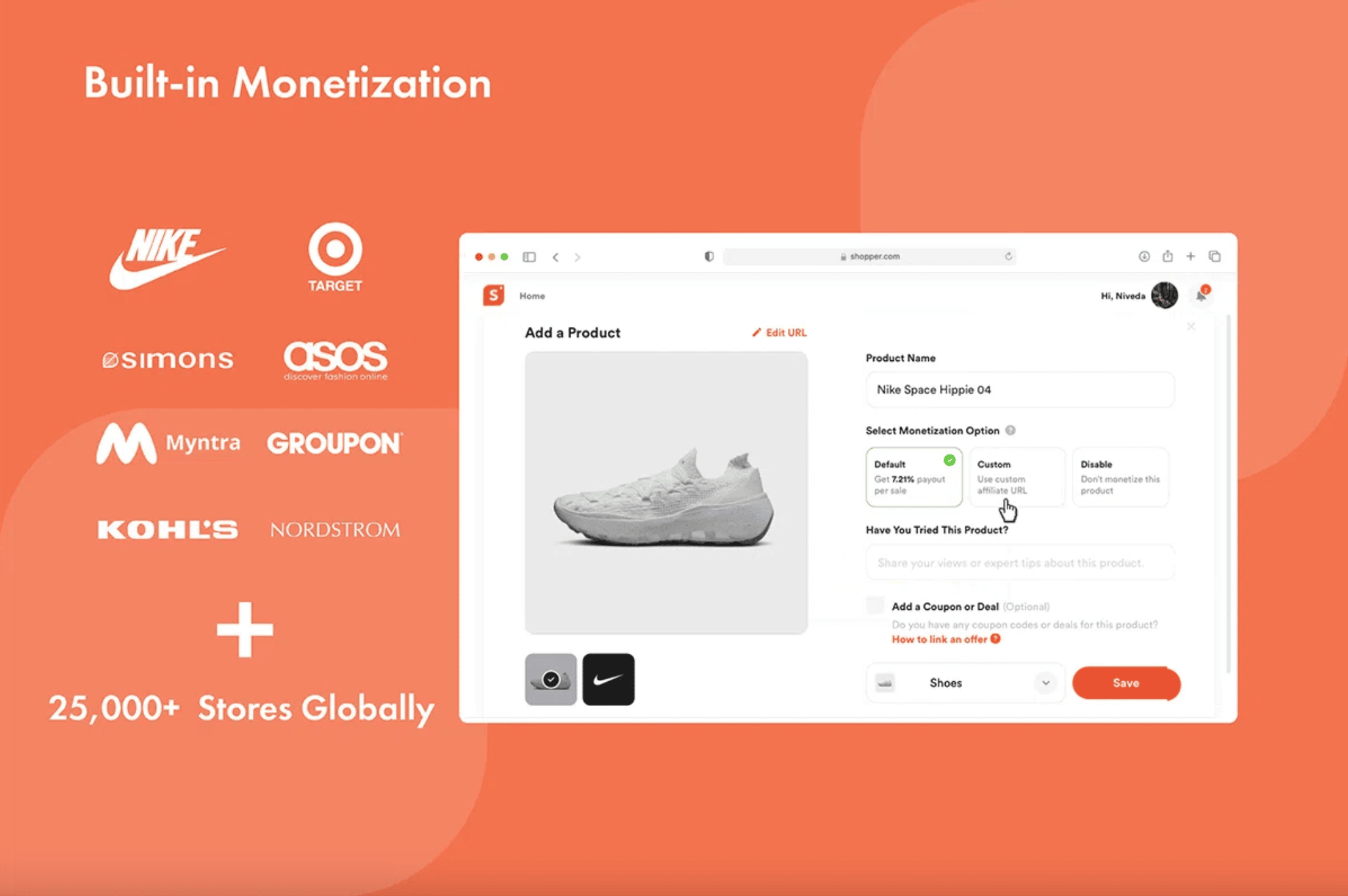 shopper.com illustration, brands on the left and a screenshot of a nike product on the right