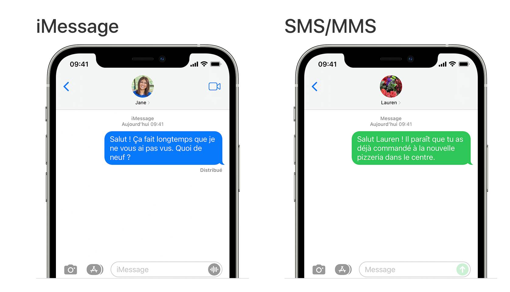 À droite, un message envoyé via iMessage en bleu, à gauche, en vert, via SMS.