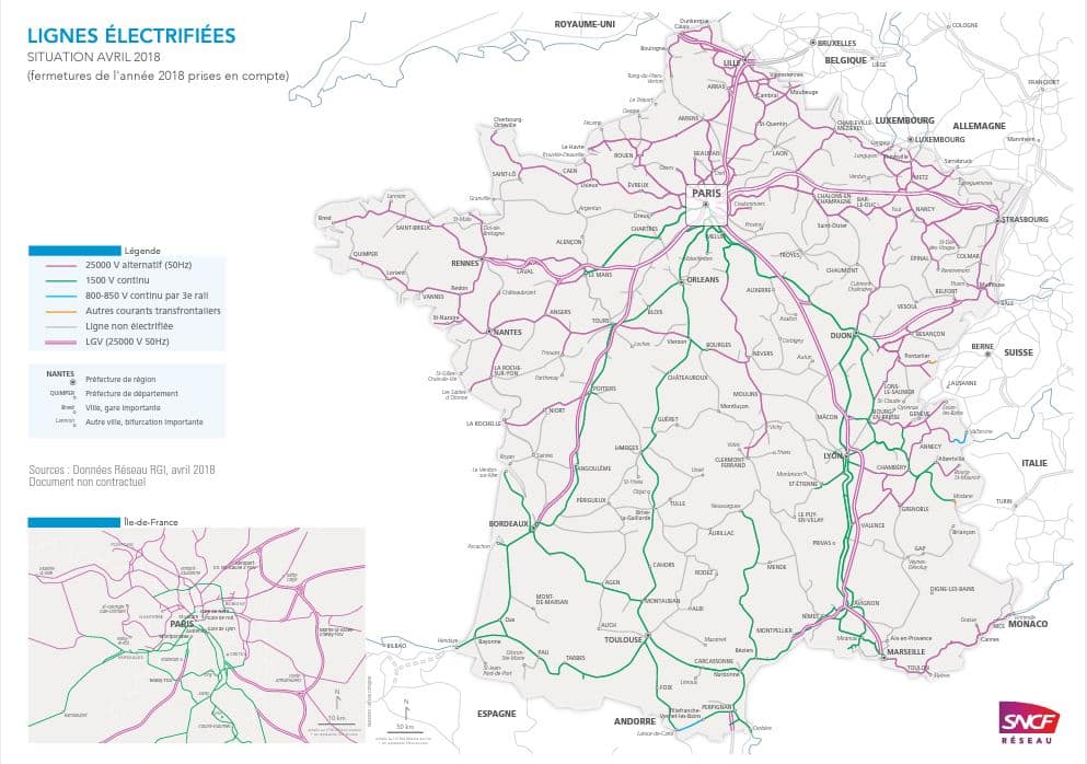 Carte des lignes électrifiées en France en 2018.