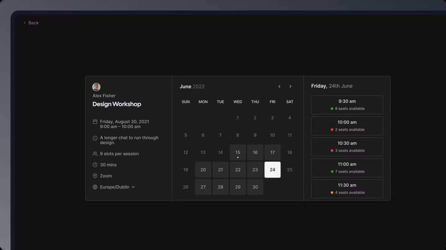 capture d'écran d'un calendrier sur cal.com, avec les indisponibilités horaires à droite