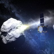 Représentation d'artiste de la sonde DART se rapprochant du système binaire d'astéroïdes Didymos.