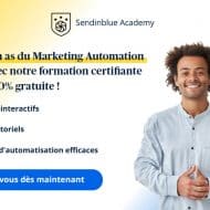 illustration pour la formation de marketing automation de sendinblue, homme souriant qui se tient les mains, fond jaune, blanc et bleu