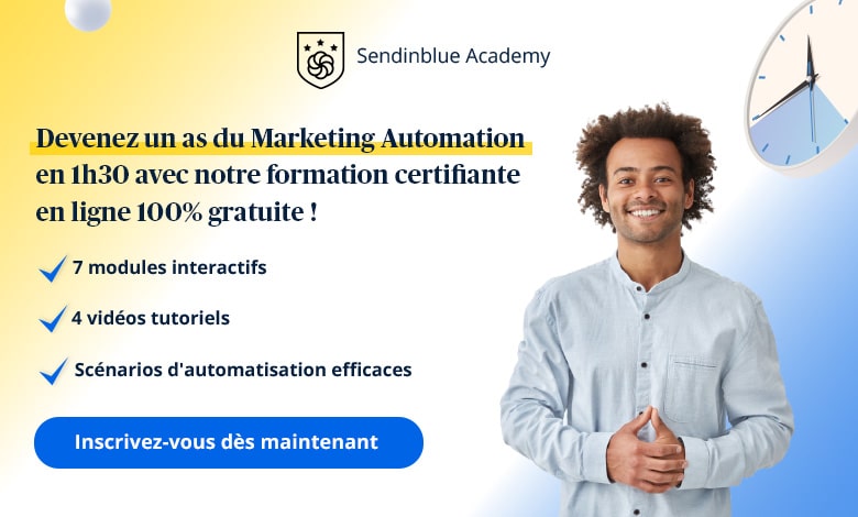 illustration pour la formation de marketing automation de sendinblue, homme souriant qui se tient les mains, fond jaune, blanc et bleu