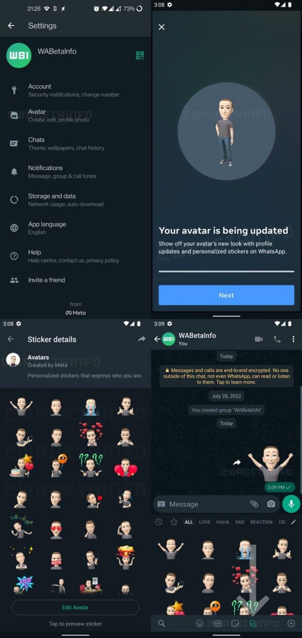 Plusieurs captures d'écrans présentant la fonctionnalité Avatars sur WhatsApp.
