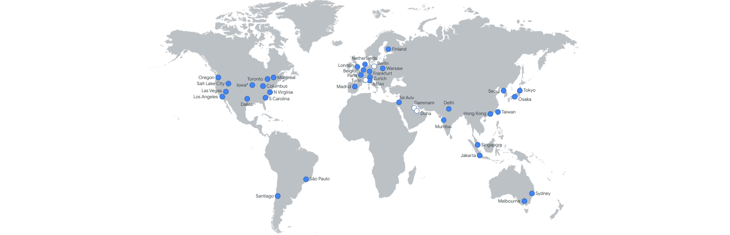 Carte présentant les différentes régions où Google Cloud est présent.